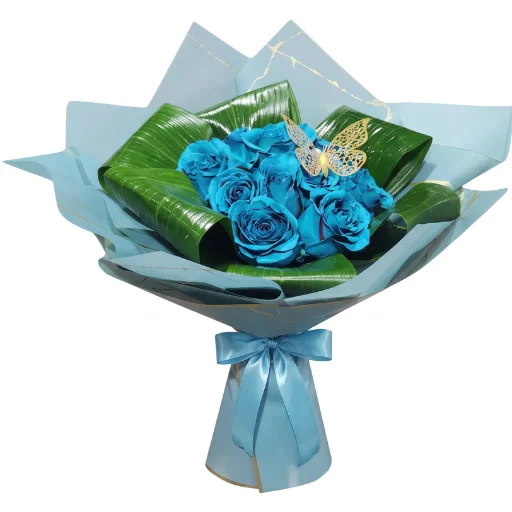 Ramo de 12 rosas verdes azuladas con papel coreano y mariposa